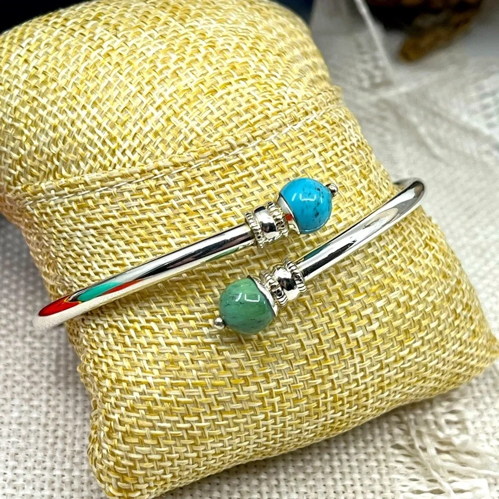 Vintage 925 Sterling Silver Front-Open Torque Bracelet - Turquoise - Picture 1 of 17